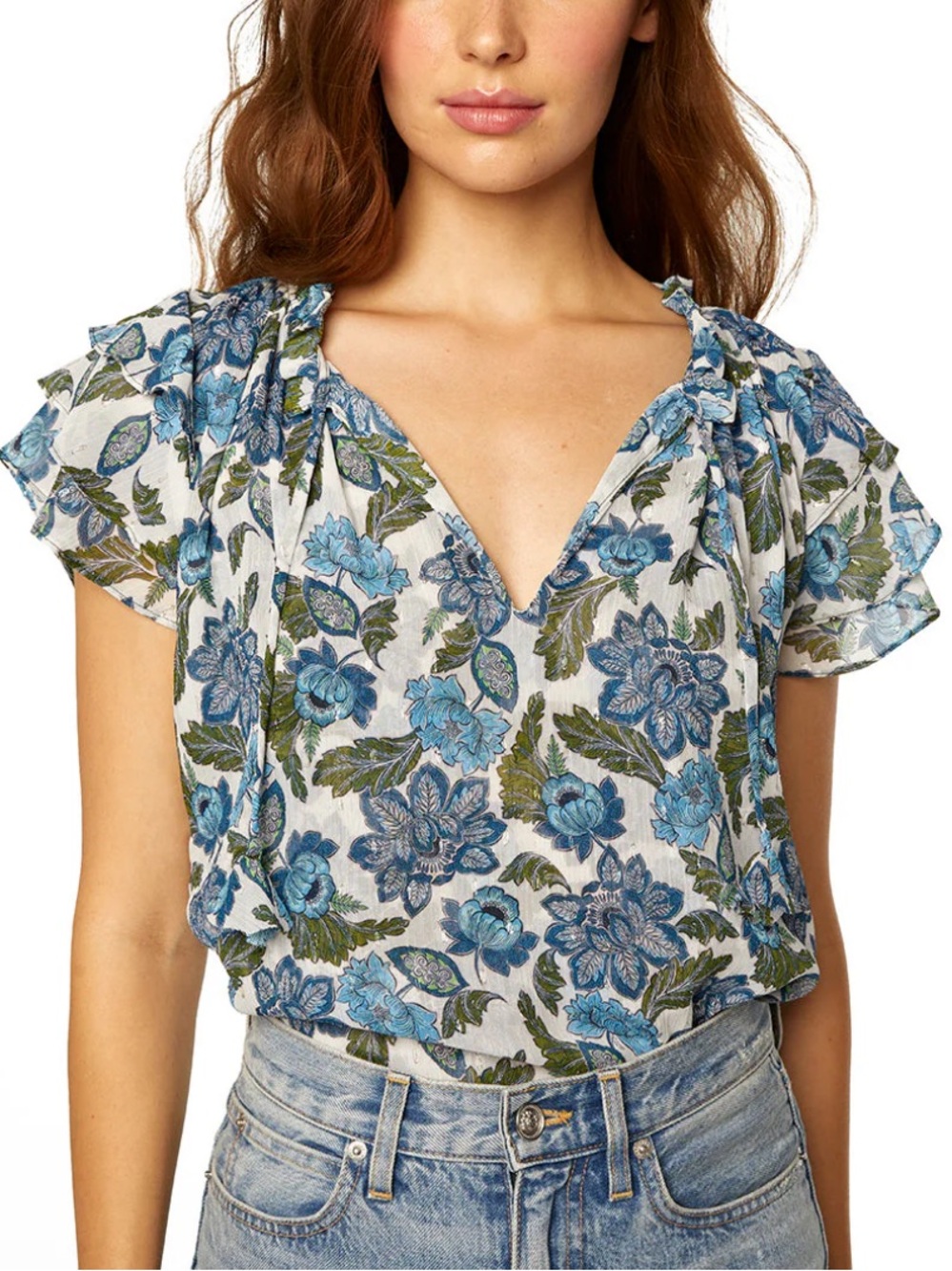 MISA LOS ANGELES Sz XS Blouse maria top flora azulia Blue Floral V-Neck Boho.